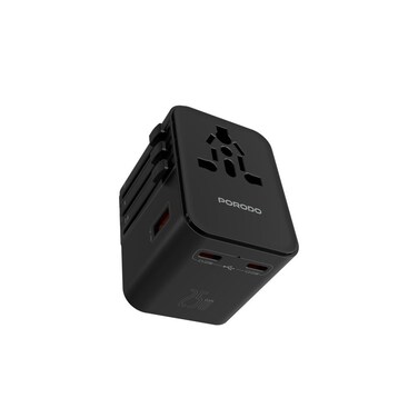 Porodo PD25W Universal Travel Multi-Port Quick Charger, Dual USB-C Ports, 18W Quick Charge, GaN Fast Charging, Built-In Safety Protection, Includes 1M 4-in-1 Braided Cable - Black
