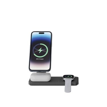 Levelo Quantum 3 in 1 Wireless Charger, 9V/2A Type-C Input, 15W Phone Output, 5W Airpods Output, 3W iWatch Output, LED Indicator, N52 Magnet, Over-Temperature &amp; Over-Voltage Protection, Black
