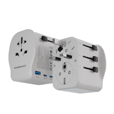 Powerology PD 45W, 2300W Universal Travel Adapter with Grounding Contact, 45W USB-C Output, 150+ Countries Compatibility, Earth Grounding Protection, Patented Slide-Out Button, White
