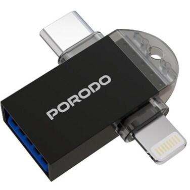 محول بورودو OTG 3 في 1، منافذ USB 3.0 وType C ولايتنينغ، سرعات نقل 5Gbps و480Mbps، توافق شامل، تصميم Plug and Play، مزامنة بيانات سريعة والوصول للملفات، أسود
