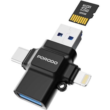 Porodo 4 in 1 OTG Adapter with TF Card Reader, USB 3.0 USB 2.0 Lightning and Type C Interfaces, 5Gbps and 480Mbps Transfer Speeds, Supports Up to 1TB TF Cards, Plug and Play, Black
