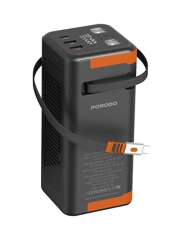 بنك الطاقة بوردو 50000mAh مع كابل قابل للسحب 70 سم، التوافق العالمي، شحن سريع QC 3.0 بقدرة 22.5W، PD 22.5W، فلاش مدمج، شاشة معلومات، شحن متزامن، أسود
