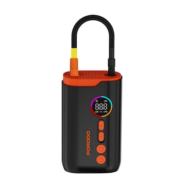 Porodo Lifestyle 4 Inflation Mode Heat Dissipation, 150PSI Portable Tire Inflator, 55W Power, 16L/Min Airflow Rate, Digital Display, 2 &times; 1500mAh Battery, Charging Time Up to 5H &ndash; Black