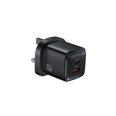 Green Lion G-Charge Series Dual Port Wall Charger PD+QC 25W, Type-C Port Output 25W, USB-A Port 18W, PPS Output 25W Max, UK Plug, Ultra-Compact - Black