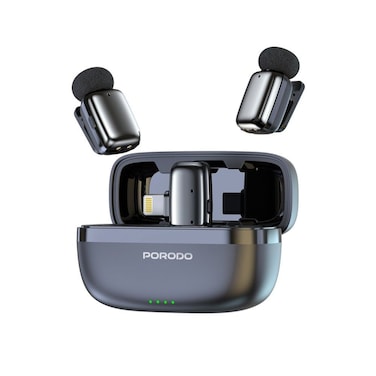 Porodo Double Wireless Lavalier Microphones with Lightning Connector, Noise Reduction, 250mAh Case Battery, Plug &amp; Play, 25H Total Working Time, Low-Latency &ndash; Black
