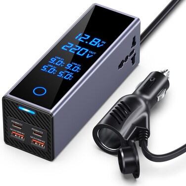 Powerology 300W Car Power Inverter, Universal Plug with Digital Display, PD 36W Type-C Output, 12V Input, 220V AC Output, Simultaneous Charging, Built-in Safeguards, Portable and Compact, Grey
