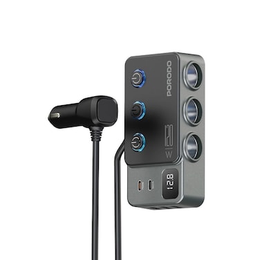 Porodo 120W Car Charger Hub, Triple-Port Lighter Socket, 35W PD &amp; 18W QC, Real-Time Voltage Display, Independent Power Switch, 95cm Cable Length, Aluminum Alloy, 120W Max Output - Black
