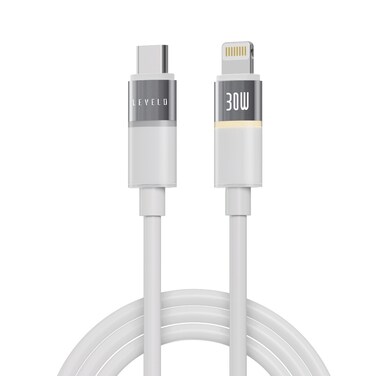 Levelo Luno USB-C to Lightning Cable with 30W Power Delivery, 1m Length, 480Mbps Data Transfer, Tangle-Free, LED Indicator &ndash; Lunar White