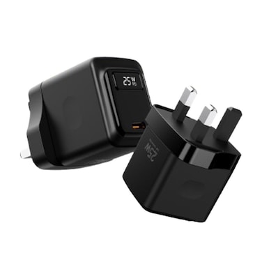 Porodo GaN 25W USB-C Wall Charger, 100-240V Input, 5V/3A, 9V/2.77A, 12V/2.08A Output, 25W Max Output, Built-in Safeguards, Fast Charging, Digital Display &ndash; Black

