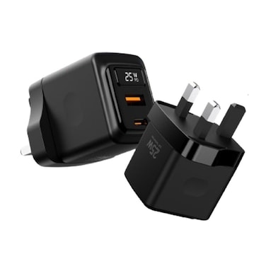 Porodo GaN 25W Dual-Port Wall Charger, USB-C &amp; USB-A Ports, Real-Time Power Display, 25W Power Delivery, Built-In Safeguards, Fast Charging, Compact &amp; Efficient, Black
