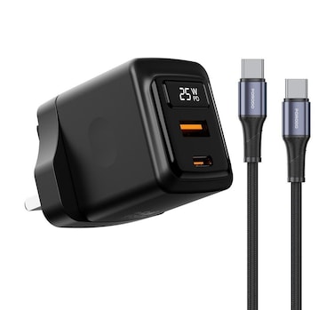Porodo Gan Charger 25W A+C UK Gan with Digital Screen, Fast Charging, Built-in Safeguards, Dual-Port USB, Real-Time Power Display, Includes Type-C to C Cable &ndash; Black
