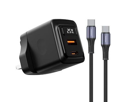 Porodo GaN 25W Dual USB-C Wall Charger, 25W Power Delivery, Fast Charging, Built-in Safeguards, Real-Time Power Display, USB-C to USB-C Cable Included, Black
