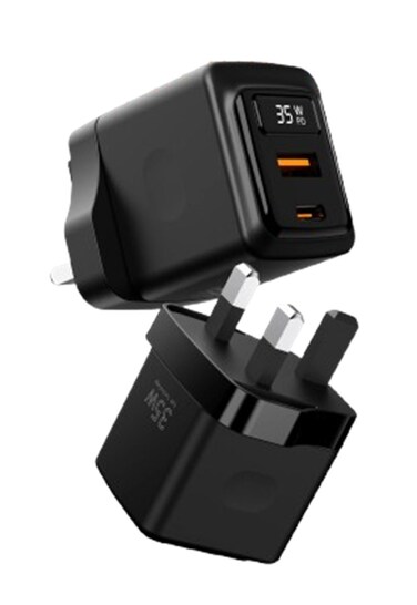 Porodo Gan Charger 35W A+C UK Gan with Digital Screen, Dual Port USB-C &amp; USB-A Outputs, Fast Charging, Compact Design, Built-In Safeguards, Black
