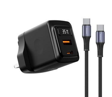 Porodo Gan Charger 35W A+C UK Gan with Digital Screen, Dual Port USB-C &amp; USB-A Outputs, Fast Charging, Compact Design, Built-In Safeguards, Type C to C Cable Included, Black
