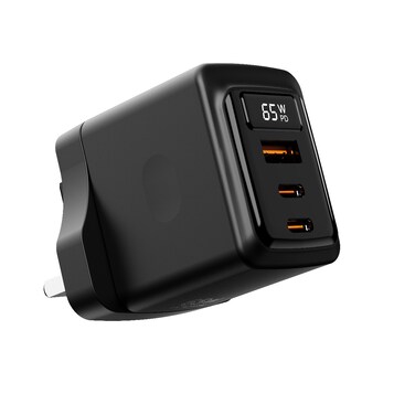 Porodo GaN Wall Charger with Single USB-A &amp; Dual USB-C Ports, 65W Power Delivery, Built-in Safeguards, Fast Charge Support, Multiple Device Charging, Digital Display - Black