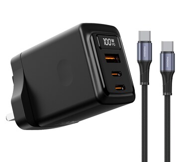 Porodo GaN Wall Charger with USB-C to USB-C Cable, Single USB-A &amp; Dual USB-C Ports, 100W Power Delivery, Built-in Safeguards, Fast Charge Support, Multiple Device Charging, Digital Display - Black