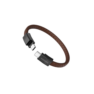 كابل USB-C إلى USB-C مع سوار معصم من Porodo، شحن سريع PD 60W، نقل بيانات 480Mbps، مشبك مغناطيسي من الصلب، تصميم جلدي متين، طول 20 سم، تصميم قابل للارتداء – بني
