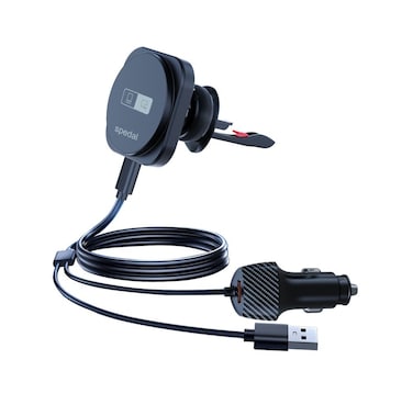 شاحن سيارة Powerology CL330 مع حامل هاتف مغناطيسي مدمج، إجمالي الطاقة 51 واط، مخرج USB-C 30 واط، مخرج USB-A 18 واط، شاحن لاسلكي 15 واط، حامل مغناطيسي، أسود