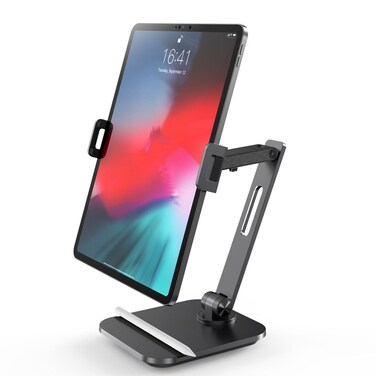 Powerology Smart Clamp Phone &amp; Tablet Mount, Auto Clamping Stand, 500mAh Battery, 360&deg; Angle Rotation, Horizontal &amp; Vertical Adjustment, Smart-Grip Clamp, Reinforced Aluminum Bracket, Black
