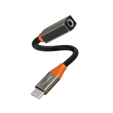 Porodo AudioLink USB-C to 3.5mm Audio Jack Adapter, Built-In DAC Chip, High-Fidelity Audio, Supports Most USB-C Devices, Tangle-Free Nylon Braided Design, 10cm Length, Black &amp; Orange
