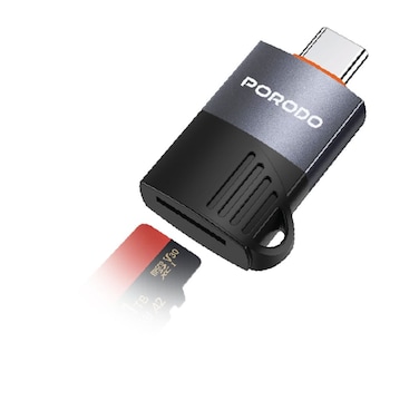 Porodo USB-C OTG TF Card Reader, 480Mbps Transfer Speed, Plug &amp; Play, Wide Compatibility, Durable Aluminum Shell, TPE Material, Compact Design, Black
