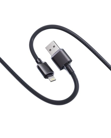 Porodo USB-A to Lightning Braided Cable, 5V 2.4A 12W Power Charging &amp; Data Sync, 480Mbps Transfer Speed, Durable Braided Design, 1m Cable Length, Black
