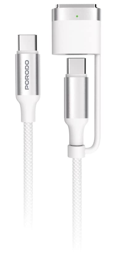 Porodo 2-in-1 USB-C to USB-C &amp; MagSafe 3 Charging Cable, 240W USB-C Output, 140W MagSafe Output, 1.2M Cable Length, 480Mbps Data Transfer, Durable Braided Cable &ndash; White
