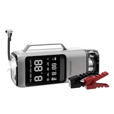 Porodo Lifestyle 6-in-1 Multi-Function Power Tool, Jump Starter with 8000mAh Power Bank, Vacuum Cleaner, 150PSI Max Pressure, 1000A Peak Current, LED SOS Mode &ndash; Black + Grey