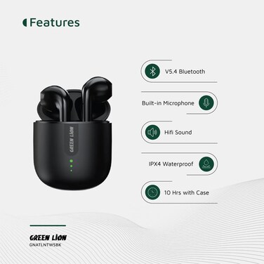 Green Lion Atlanta True Wireless Earbuds with Built-in Microphone, IPX4 Waterproof Level, Voice Assistant, HiFi Sound, Touch Control, 3 Hours Playtime - Black