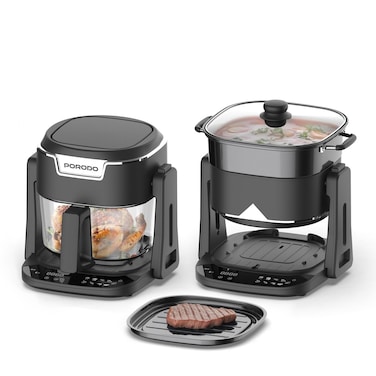 Porodo Quick Flip 3 in 1 Air Fryer, Grill &amp; Hot Pot with 4.5L Capacity, Aluminum Coated Pot, 360&deg; Turbo Heat Technology, 8 Preset Cooking Modes, Flip to Change Modes, 100% Visible Glass Basket, Black