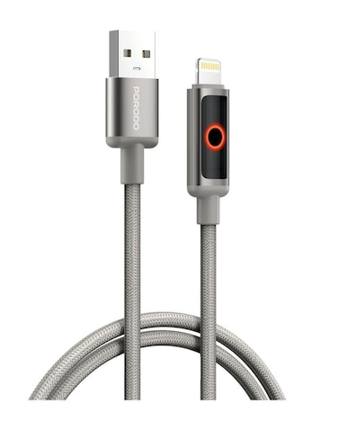Porodo 3A USB-A to Lightning Braided + Aluminum Alloy USB Cable, 480Mbps Data Transfer Speed, 1m Length, Fast &amp; Regular Charging, Intelligent Power-Off, Auto Power Off, LED Smart Indicator, Grey
