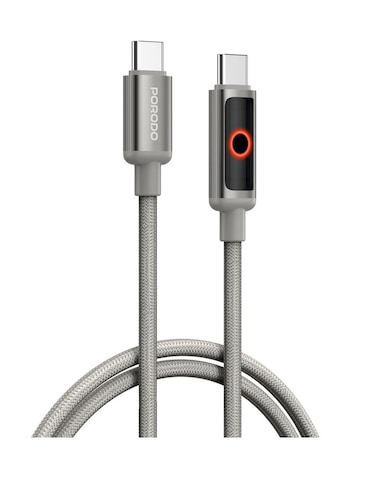Porodo TypeC to TypeC Braided+Aluminum Alloy USB Cable, 1M Length, 60W PD Fast Charging, 480Mbps Data Transfer Speed, Smart LED Indicator, Efficient Power Management, Auto Power Off, Grey
