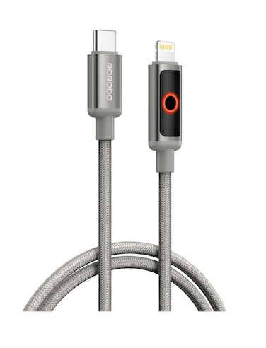 Porodo TypeC to Lightning Braided + Aluminum Alloy USB Cable, 480Mbps Data Transfer Speed, PD 30W Fast Charging, LED Smart Indicator, 1M Length, Protect Battery, Grey
