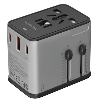 محول السفر الشامل من بورودو UltraCharge 2300W GaN، شحن PD بقوة 20 واط، شحن QC 18 واط، 4 منافذ (2 USB-C، 1 USB-A)، يدعم مقابس EU، UK، US، مع ميزات أمان مدمجة، أسود
