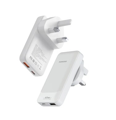 Porodo Terra GaN Adapter with USB-A &amp; USB-C Ports, USB-C to USB-C Cable Included, Interchangeable US &amp; UK &amp; EU Plugs, PD 65W, Multiple Device Charging, Global Travel Ready - White