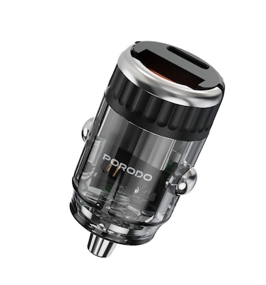 Porodo Dual Port Car Charger, 36W Output, QC 3.0, USB-A &amp; USB-C Ports, Flush-Fit Design, Easy-Grip Pull Ring, Smart Charging Protocols, Type-C to Lightning Cable Included &ndash; Black
