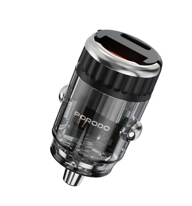 Porodo Dual Port Transparent Car Charger, 36W Output, QC 3.0, USB-A &amp; USB-C Ports, Flush-Fit Design, Easy-Grip Pull Ring, Smart Charging Protocols, Universal Compatibility &ndash; Black
