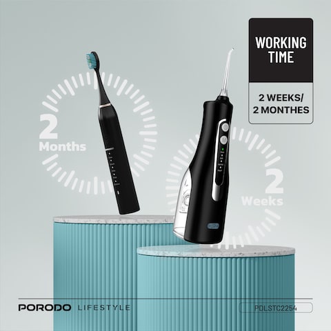 مجموعة العناية بالفم من Porodo، فرشاة أسنان كهربائية، ومزيل مياه الفم عالي الضغط، اهتزازات صوتية، 5 أوضاع للفرشاة، مقاومة للماء IPX7، وقت عمل الفرشاة 2 ساعات - أسود
