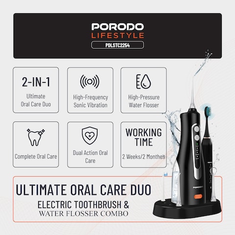 مجموعة العناية بالفم من Porodo، فرشاة أسنان كهربائية، ومزيل مياه الفم عالي الضغط، اهتزازات صوتية، 5 أوضاع للفرشاة، مقاومة للماء IPX7، وقت عمل الفرشاة 2 ساعات - أسود
