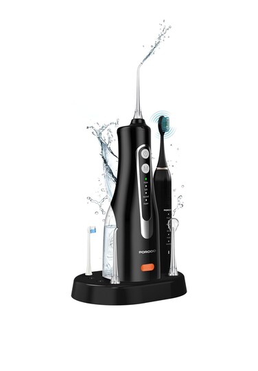 Porodo Ultimate Oral Care Duo, Electric Toothbrush &amp; Water Flosser Combo, Sonic Vibration, High-Pressure Water Flosser, 5 Modes Toothbrush, IPX7 Water Resistance, 2H Toothbrush Working Time &ndash; Black
