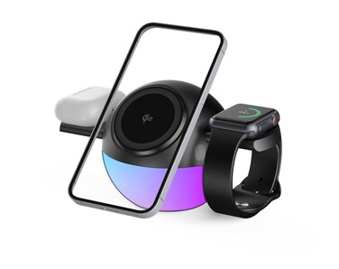 Porodo Orbix 3-in-1 Wireless Charger, MagSafe Compatible, 5W-15W Phone Output, 5W Earbuds Output, 2.5W Watch Output, RGB Lights, Type-C Charging, Secure Magnetic Dock &ndash; Black
