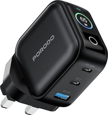 Porodo Nexora PD 65W 3-Ports Wall Charger with LCD Display, UK Plug, USB-C1/C2 Output 5V/3A to 20V/3.25A, PPS 45W, USB-A QC 30W, Max Output 65W, Charges Laptops, Black
