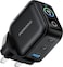 Porodo Nexora PD 65W 3-Ports Wall Charger with LCD Display, UK Plug, USB-C1/C2 Output 5V/3A to 20V/3.25A, PPS 45W, USB-A QC 30W, Max Output 65W, Charges Laptops, Black
