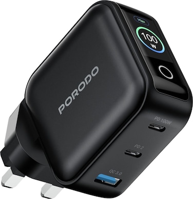 Porodo Nexora 100W PD 3-Port Wall Charger with LCD Display, UK Plug, USB-C1/C2 Output 5V/3A to 20V/5A, PPS 45W, USB-A QC 30W, Max Output 95W, Charges Laptops, Black
