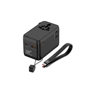 Powerology PD 20W Power Bank 4000mAh with Built-in 2500W Universal Travel Adapter, 2 Type-C + 1 USB-A Ports &amp; Sockets, Total DC Output 20W, Travel Pouch Included, Black
