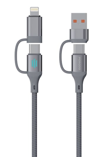 كابل بيانات وشحن بورودو 4 في 1 C إلى C 240W، C إلى L 27W، طول 1 متر مع موصل من الألومنيوم، كابل متين مقاوم للتشابك، مزامنة بيانات سريعة، شحن أمثل - رمادي
