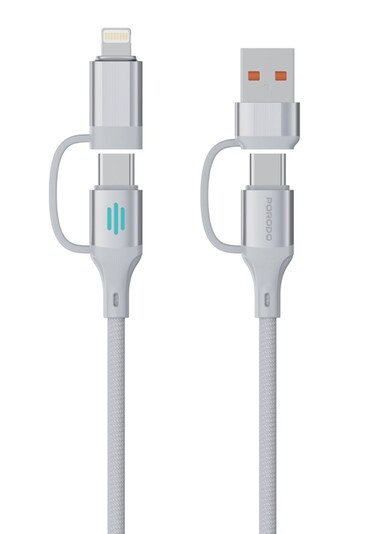 Porodo 4 In 1 C to C 240W, C to L 27W, 1 Meter High-Speed Charging Data Cable with Aluminum Alloy Connector, Durable Braided Cable, Rapid Data Sync, Tangle-Free, Optimal Charging - Silver
