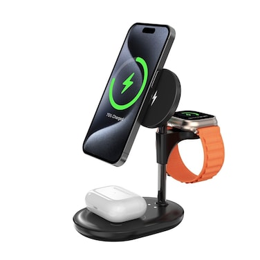 Powerology حامل شحن لاسلكي مغناطيسي 3 في 1 Floréa بقوة 15W مع كابل USB-C + CTP-E، زاوية مشاهدة قابلة للتعديل، دوران 360°، تثبيت مغناطيسي – أسود
