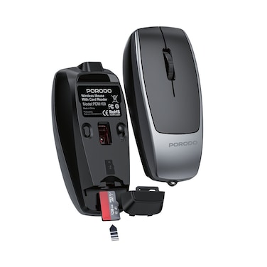 Porodo 1600DPI Wireless Mouse with Card Reader, Adjustable DPI (800, 1200, 1600), Bluetooth 5.1 Connectivity, USB-C Charging, Up to 2TB MicroSD Support &ndash; Black
