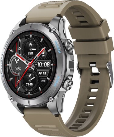 Powerology Titan Rugged Sport Smartwatch, 1.43" AMOLED, Built-in GPS, 256MB RAM, 550mAh Battery, 5 Days Working Time, 3ATM Water Resistance, Bluetooth V5.3 - Khaki Sport Silicone Strap
